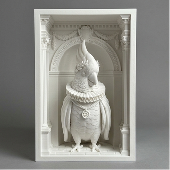 インコ（タイハクオウム）の3Dプリント ブックヌーク 白PLA 本棚インテリア