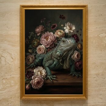 イグアナ（ブルーイグアナ）の花に囲まれた油絵風アート A3額装インテリア壁掛け