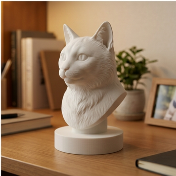 猫（ジャパニーズボブテイル）の3Dプリント胸像 白PLA 彫刻 置物 インテリア