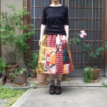 着物リメイク☆茶～オレンジ系銘仙で八掛付ふんわりパッチスカートの画像