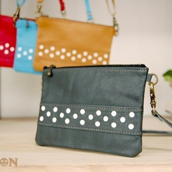 ネックストラップ付　ペタンコレザーポーチ（グレー）