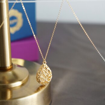 【14KGF】Long Necklace,Matt Gold Floral Teardrop Filigreeの画像