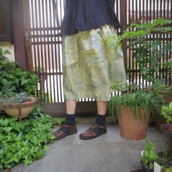 着物リメイク☆黄緑系の紬が優しいふんわり切り替えの75ｃｍ丈の画像
