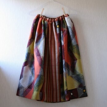 絹 　緑系　蝶とひなげしのパッチワークギャザースカート　Fサイズの画像