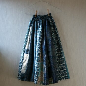 絹　ウール　綿ほか　青系　パッチワークギャザースカート　Fサイズの画像