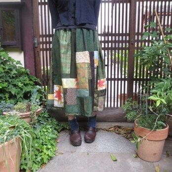 着物スカート☆緑に夏紅葉日本の風景が見えるかも80ｃｍ丈の画像