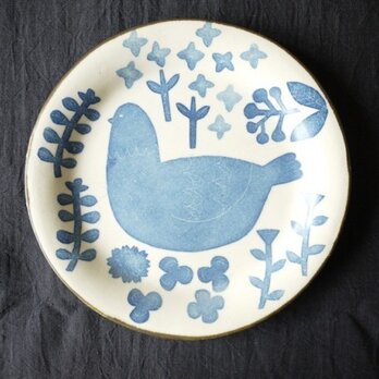 プレート（鳥と草花・ブルー）
