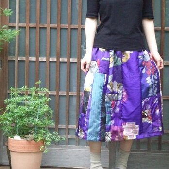 着物リメイクスカート☆紫系銘仙色々パッチ☆藤の花も♪の画像