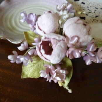 ミニ薔薇とライラックの花束コサージュ＊ピンクの画像
