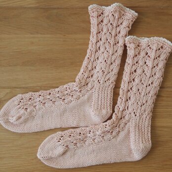 手編み靴下Organic cotton100% ピンク×ホワイトの画像