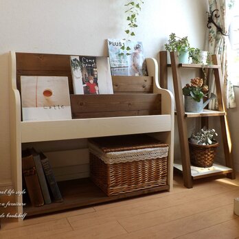 無垢材の絵本棚white×oakワイド75