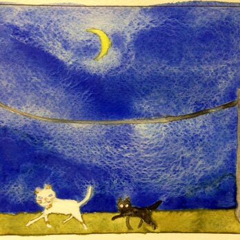 オリジナル水彩画「月夜のお散歩」の画像
