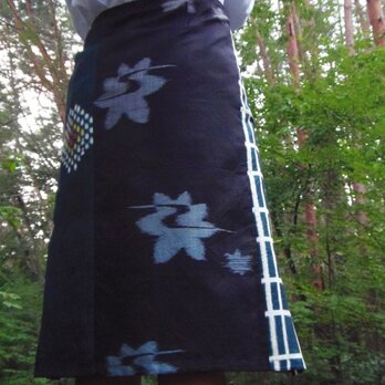 折り紙スカート「粋な三味線弾き」銘仙パッチワーク×綿　ロング丈の画像