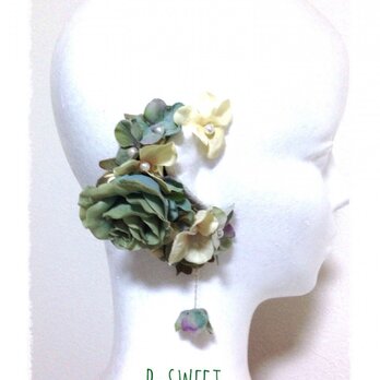紫陽花とローズのイヤーフックE (パステルグリーン)右耳用の画像