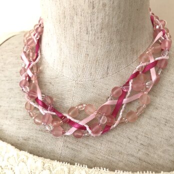 5つ編みの パステルカラー ネックレス ピンク 春 ペール リボンの画像