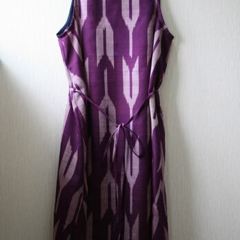 絹　紫　矢絣　ノースリーブワンピース　Mサイズの画像