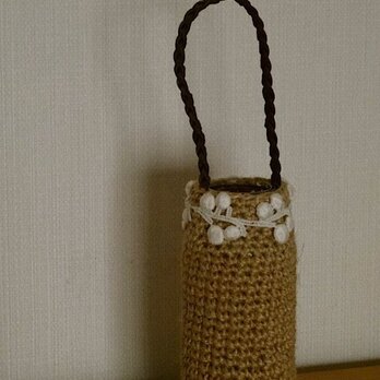 編みぐるみビン「kurumu」麻ひも＋レース＋三編み革ハンドルcの画像