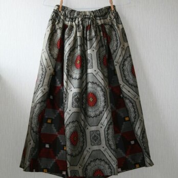 絹　灰色　蜀江模様と格子のパッチワークゴムスカート　Fサイズ　の画像