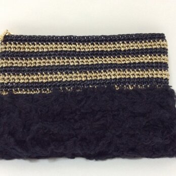 ふわモコポーチ☆黒×ゴールドボーダー