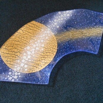 金彩ガラス皿　扇形　流星　ブルー　純金箔　飾り皿の画像