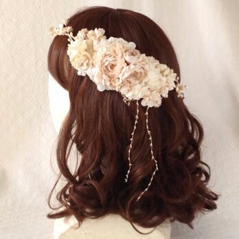 ＜受注制作＞染め花のガーランドと髪飾りのセット(ベージュホワイト)の画像