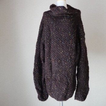 茶色＊カラフルぽちぽちのラグラン編みセーターの画像
