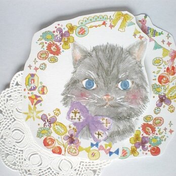 ネコの花飾りグリーティングカードの画像