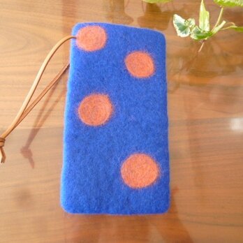 羊毛フェルトのスマホケース（ブルー×サーモンピンク）iphone６の画像