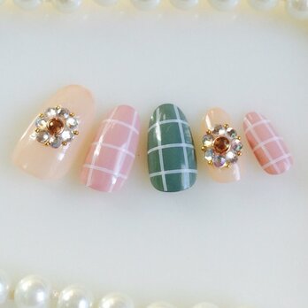 グリッドチェック/くすみカラー/ビジュージェルネイルチップ☆