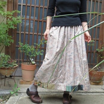 着物リメイク☆ピンクベージュの大島紬で優しいロングスカート♪の画像