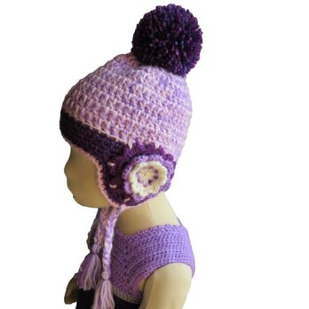 子供用 大きなポンポンつきニット帽子 (紫)（40cm)の画像
