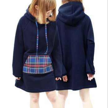 フーディーワンピーネイビーtypeB♡(タータンアオチェック)の画像