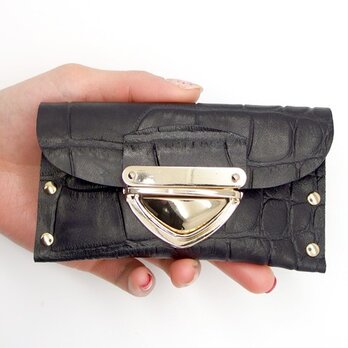 クラッチ・カードケース（名刺入れ） ｜P式クロコ型押し革（黒）