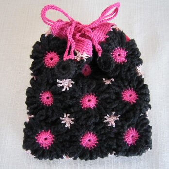 黒とピンクのモチーフ巾着の画像