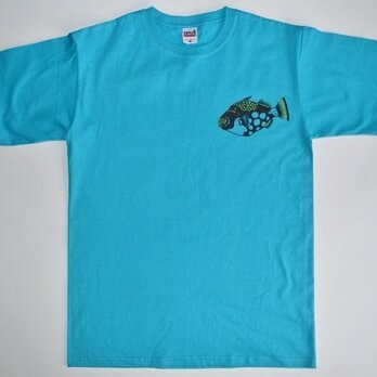 カワハギＴシャツ、青、魚Ｔシャツ, サカナ、半袖シャツの画像