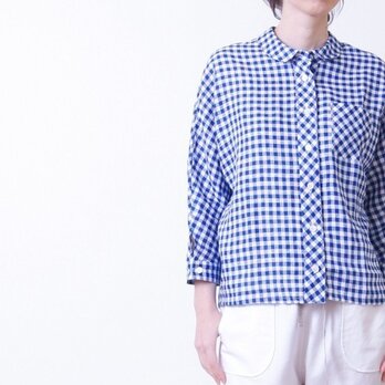 ラウンドカラー・リネンブラウス/ギンガム・ブルー