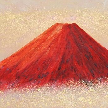 セール特価　日本画色紙 4号「赤富士」 額付きの画像