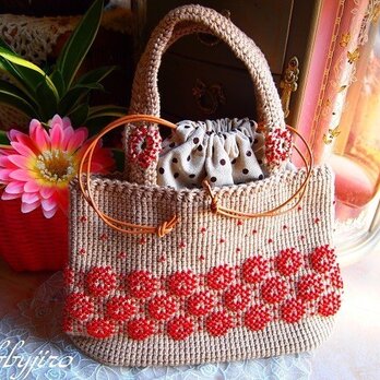 ビーズ編みバッグ-lunch bag（ルビー）の画像