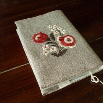 花刺繍の文庫本ブックカバー　茶綿麻2の画像
