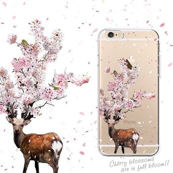 鹿桜プリントスマホケース iPhoneケース iPhone15〜 桜吹雪 クリア アートの画像