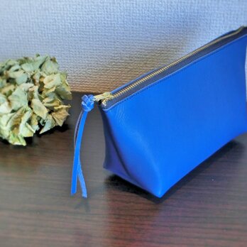牛革しっかりマチのポーチ（ブルー）