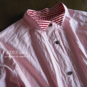 大人スモーキーピンク×赤ストライプ　綿１００％ボウタイシャツの画像
