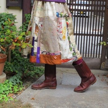 日本の秋冬着物リメイク☆枯葉・冬・雪・梅・猫柳優しいスカート♪の画像