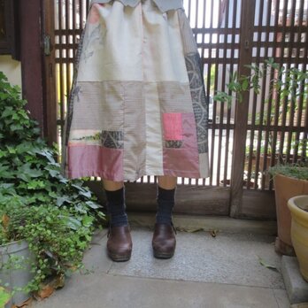 着物リメイク☆明るい色の紬で楽しい夏スカート♪7２㎝丈の画像