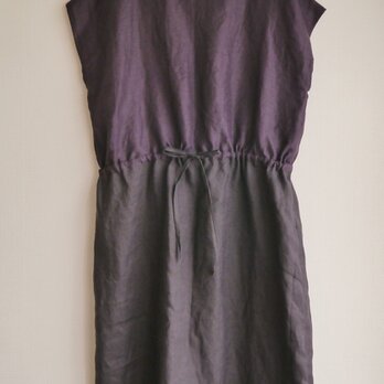 リネン２カラーリボンワンピース（濃紫＆チャコールグレー）