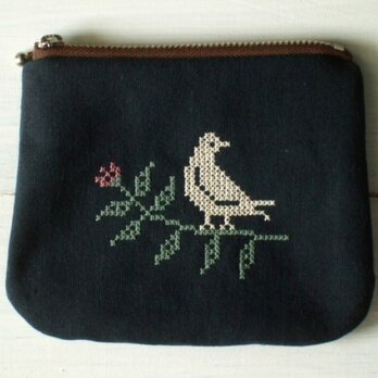 クロスステッチ鳥刺繍のミニポーチ　青緑の画像