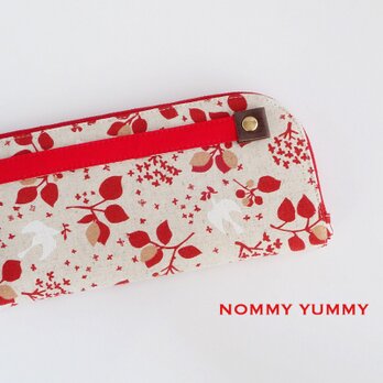 持ち手ベルト付き L字ファスナー長財布 白い鳥と赤い枝のシルエット ＊ 016＊