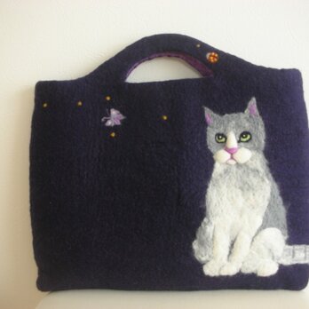 濃紺＆紫の猫のバッグの画像