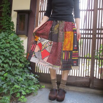 着物リメイク☆銘仙と紬でカラフルポップな楽しいパッチスカート♪の画像