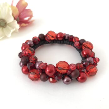 クロッシェシュシュ レッド 赤 パール かぎ針編み ビジュー ビーズ ヘアゴム まとめ髪